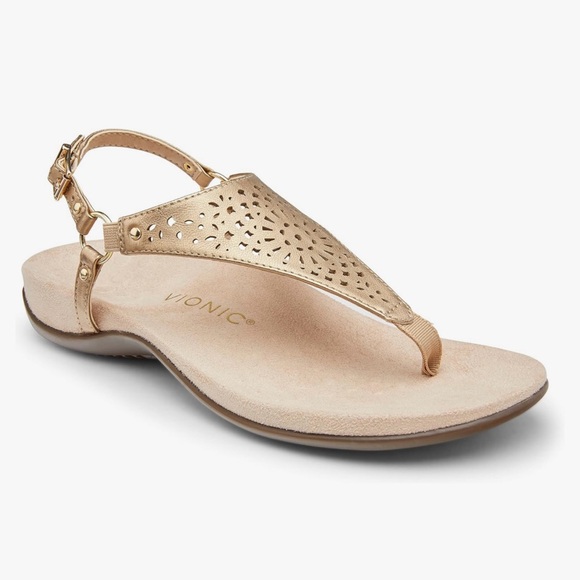 Vionic Shoes - Vionic Gold Laser-Cut T-Strap Sandals